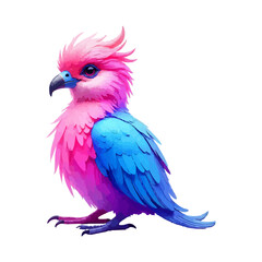 A colorful, abstract bird with vibrant pink, blue, and purple fur sitting against a white background