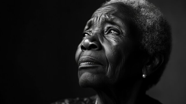 A poignant chiaroscuro portrait of an elderly African woman reflecting deep sorrow against a minimalist backdrop