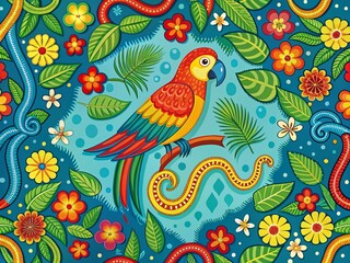 Fototapeta premium Colorful Parrot and Snake Pattern for Kids Summer Decor - Birds of Paradise Vector Illustration