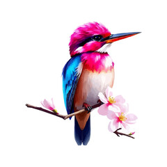 Colorful vector kingfisher water color illustration for logo and illustration.. A colorful, abstract bird with vibrant pink, blue, and purple fur sitting against a white background