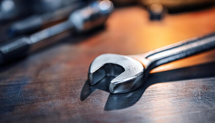 Metallic wrench on workbench. Working tool. Hard work and craftsmanship in garage setting