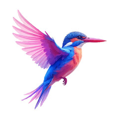 Colorful vector kingfisher water color illustration for logo and illustration.. A colorful, abstract bird with vibrant pink, blue, and purple fur sitting against a white background