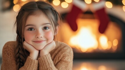 Charming portrait of a cheerful little girl with brown hair, joyfully posing by a festive fireplace during Christmas celebrations.