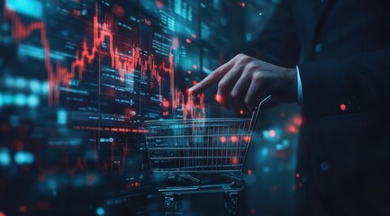 A businessman analyzes stock market trends while using a shopping cart against a digital trading backdrop in a modern office setting