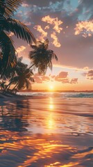 Serene beach with palm trees and a beautiful sunset, 4K hyperrealistic photo.
