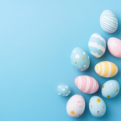Fototapeta premium A collection of decorated Easter eggs on a light blue background.