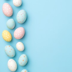 Colorful Easter eggs arranged on a blue background, perfect for festive decoration.