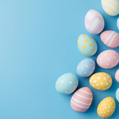 Fototapeta premium Colorful decorated Easter eggs arranged on a blue background.