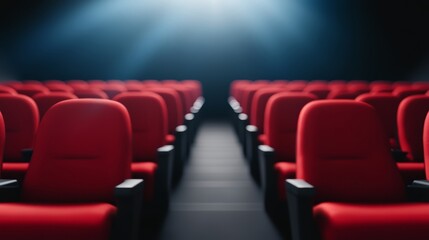 Obraz premium Luxurious red velvet theater seats arranged in an empty auditorium, illuminated by a bright spotlight shining from above.