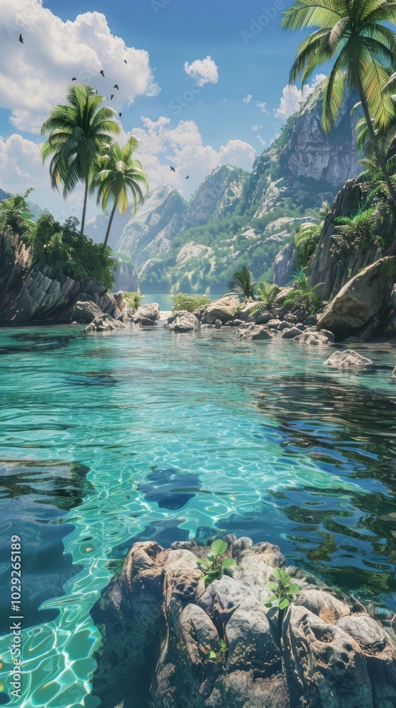 Sticker Serene tropical island with a crystal-clear lagoon, 4K hyperrealistic photo.