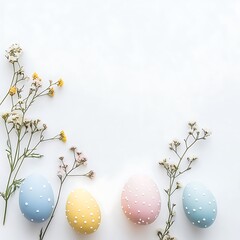 Fototapeta premium A serene arrangement of pastel-colored Easter eggs and delicate flowers on a light background.