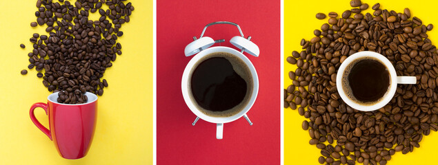 Coffee collage. Coffee on the dial of the white alarm clock, coffee cup and coffee beans on the colored background. Top view.