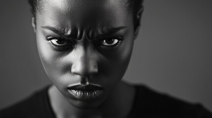 Portrait of an angry Black woman with a sharp expression and intense gaze against a neutral background in black and white