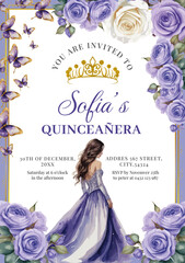 Invitacion de quinceañera morada, lila, purpura, con dorado, floral con mariposas