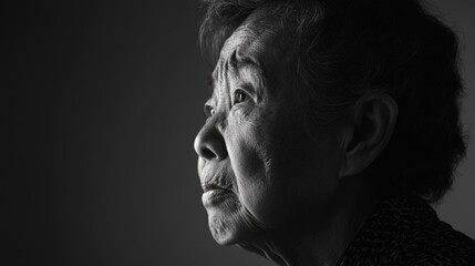 Angry elderly Asian woman in deep thought captured in a minimalist black and white portrait with expressive features