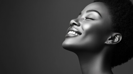 Joyful side profile portrait of a black woman with a gentle smile captured in black and white minimalistic lighting
