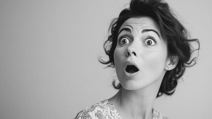 Surprised woman gazes to the side in high contrast black and white, capturing genuine emotion in a simple, minimal setting
