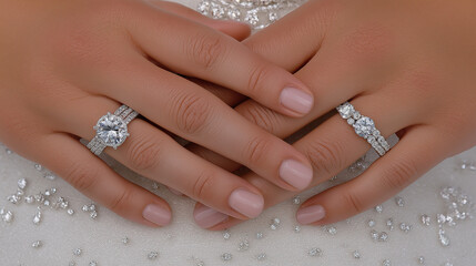 Bride&rsquo;s hands with wedding rings on white gown, close-up shot