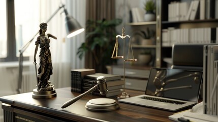 Law Firm Workspace with Gavel, Lady Justice Statue, and Scales of Justice
