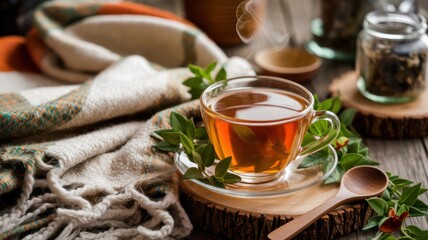 Warm tea in glass cup with herbs on wooden slice, cozy atmosphere.