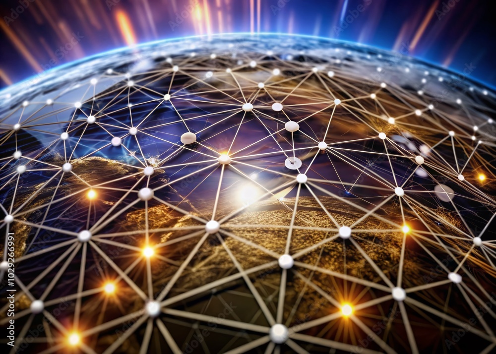 Poster compact network polygonal structure with dots and lines - blockchain global connectivity template