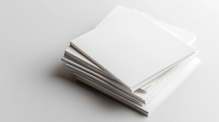 Pile of blank square paper sheets rests on a white surface, offering plenty of room for mockup designs or branding