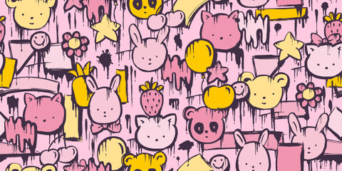 Cute, kawaii seamless pattern with flowers, cat, bear, panda, rabbit, brush strokes, splatters. Hand painted graffiti style.  © olechkaart