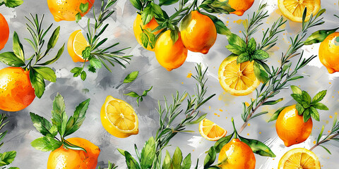 Obraz premium Bright citrus fruits and herbs create a vibrant kitchen backdrop in springtime