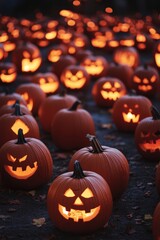 Halloween holiday carved pumpkins background closeup view