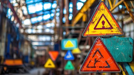 A close-up of various hazard warning signs in an industrial setting, highlighting safety concerns with bright colors and weathered textures.
