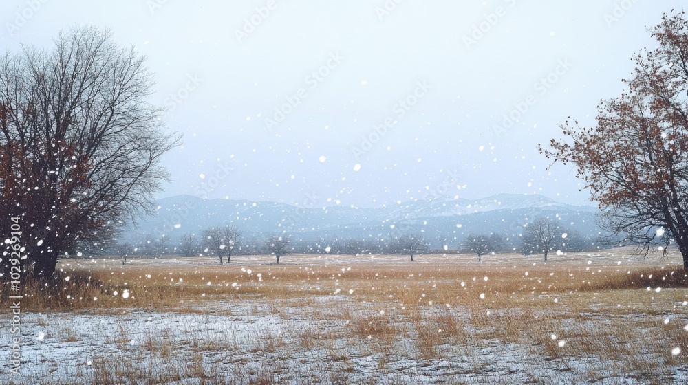 Wall mural snow gently falling on an open field, with distant mountains barely visible through the mist