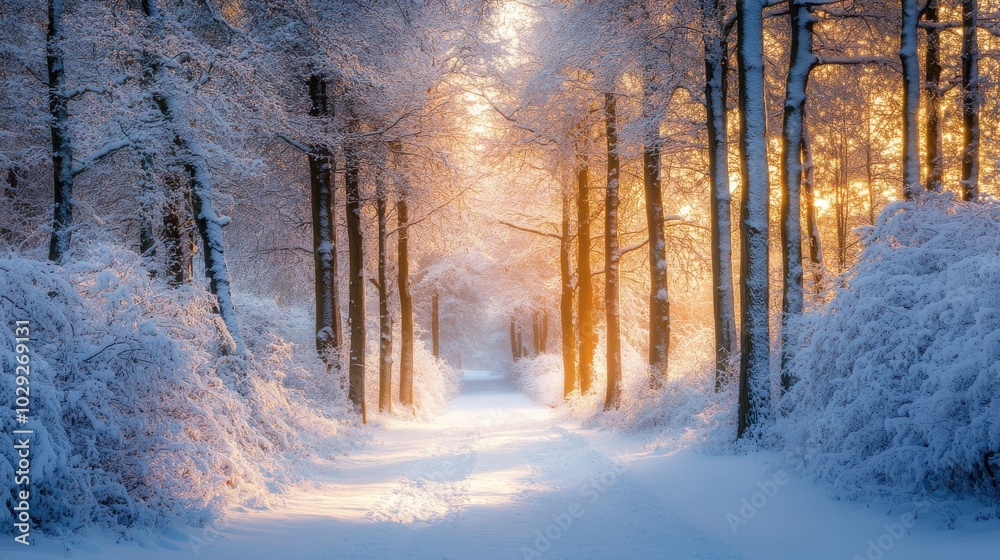 Canvas Prints snow-covered trees in a serene forest during early morning with soft light filtering through the bra