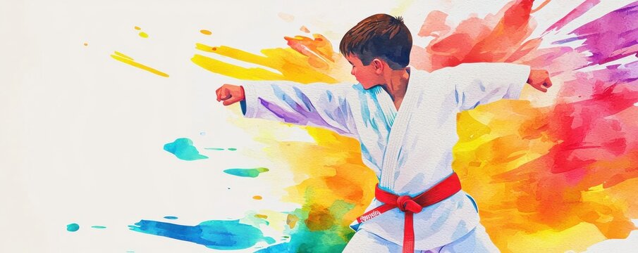 Young boy practicing martial arts with colorful splash background.