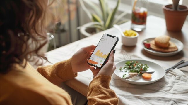 Healthy eating and fitness tracking at breakfast table with smartphone app