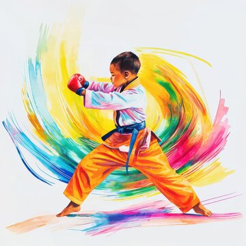 Young martial artist performing a dynamic karate move.