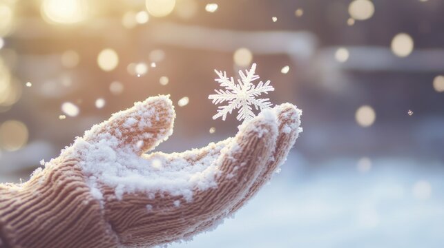 Close-up of snowflakes landing on a personâ€™s gloved hand, with soft natural light in the background