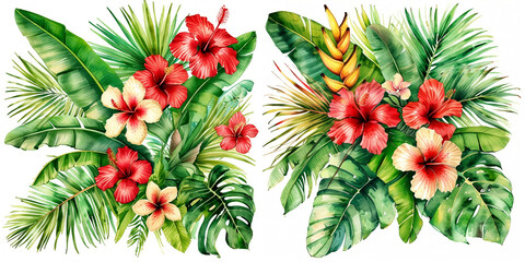 Vibrant tropical floral arrangement featuring hibiscus and lush green foliage