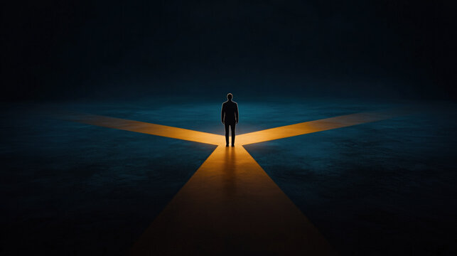 Silhouette of a person standing at a glowing fork in the road