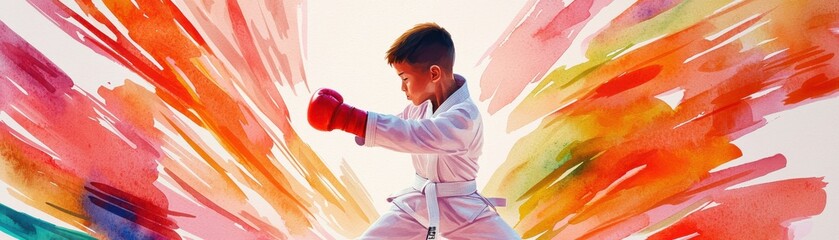 Young martial artist practicing karate with colorful backdrop.