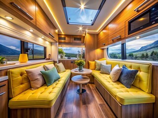 Fototapeta premium Cozy Camper Van Interior with Yellow Sofa and Pillows for Travel Inspiration