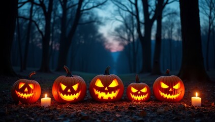 Lit Jack-o'-Lanterns at the Edge of a Dark Forest with a Twilight Sky