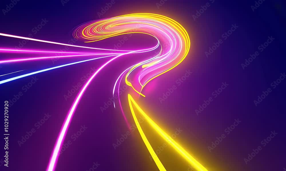 Wall mural abstract background with neon glowing lines shape, creating vibrant and dynamic curves on a dark pur