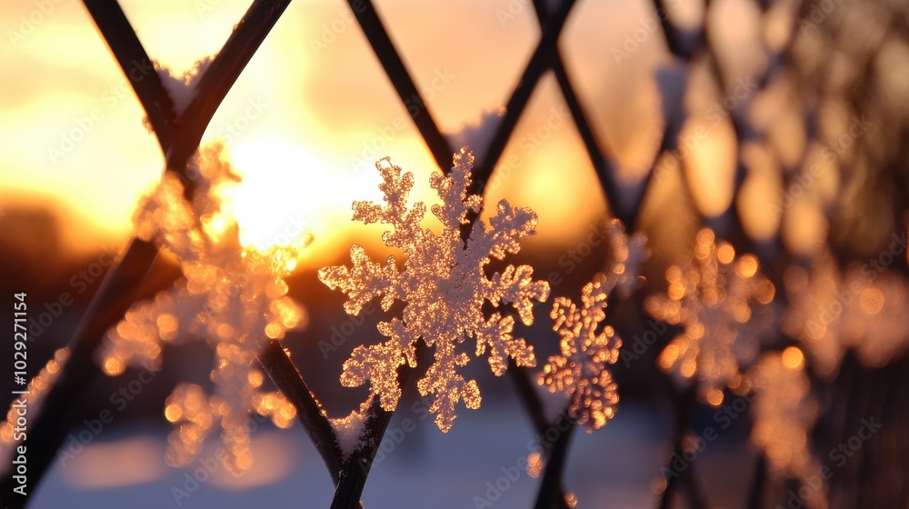 Canvas Prints close-up of snowflakes resting on a fence, with the soft light of sunset in the background
