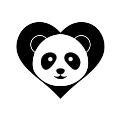 Fototapeta premium A black-and-white minimalist logo featuring a panda head with subtle outlines, nestled within the shape of a heart