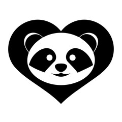 Fototapeta premium A black-and-white minimalist logo featuring a panda head with subtle outlines, nestled within the shape of a heart