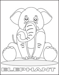 Cute baby elephant. Black and white outline illustration. Coloring book page. 