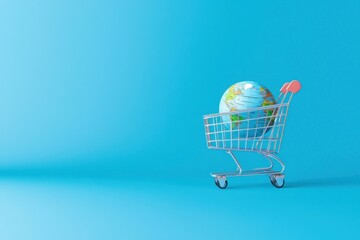 Shopping cart with globe on blue background, symbolizing global commerce.