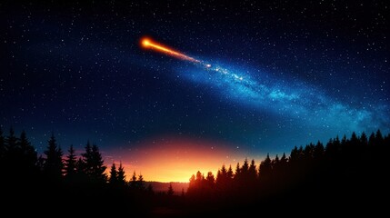 Naklejka premium Starry night sky with a comet streaking over silhouettes of pine trees.