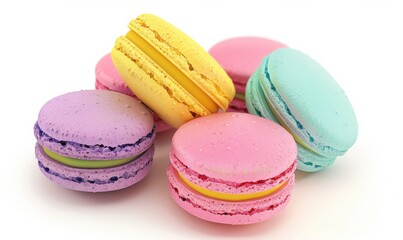 Colorful macaron cookies, white background, 4K hyperrealistic photo