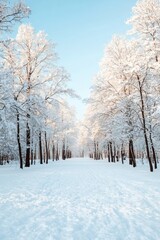 Fototapeta premium Snowy pathway lined with frosted trees under a clear blue sky.